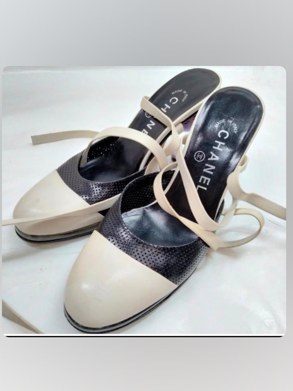 CHANEL Two-Tone Cream and Black Perforated Slingback Mules